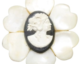 Vintage Mother of Pearl Black Onyx Flower Cameo Brooch