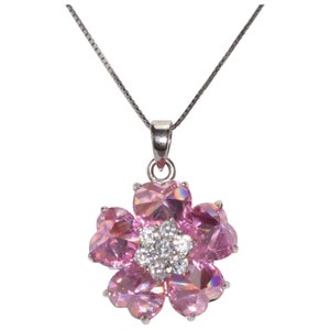 Sterling Silver Pink and White Cubic Zircon Flower Necklace
