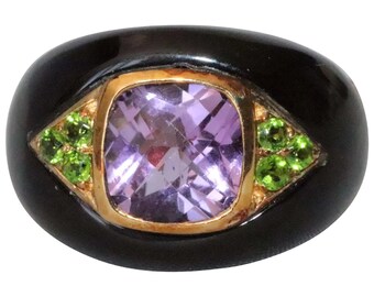 Sterling Silver Gold Overlay Onyx Peridot Faceted Cushion Cut Amethyst Ring