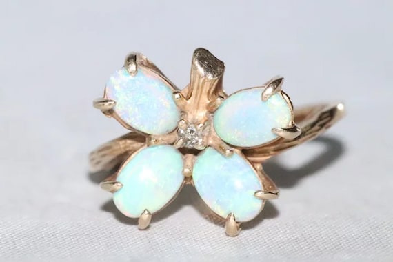 14K Yellow Gold Diamond Opal Butterfly Ring - image 2