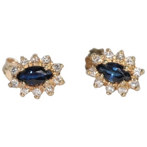 14K Diamond Halo Genuine Sapphire Earrings