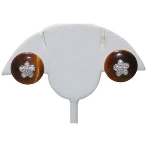 Sterling Silver Tiger&#39;s Eye Cubic Zirconia Flower Round Earrings