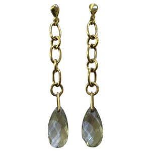Può includere: Un paio di orecchini pendenti color oro caratterizzati da una catena verticale di quattro maglie ovali intrecciate. Ogni orecchino termina con una pietra traslucida sfaccettata a forma di goccia, di colore verde oliva pallido, appesa alla maglia.