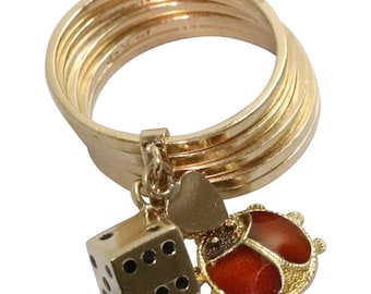 Vintage 14 KT Yellow Gold Ladybug And Dice Charm Stack-able Ring