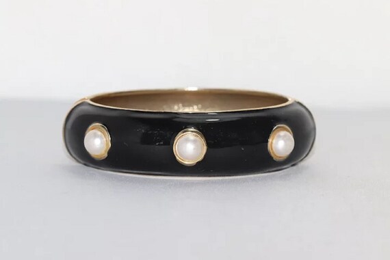 Vintage Black Enamel and Pearl Bracelet - image 2