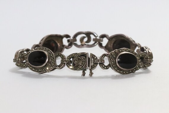 Vintage Sterling Silver Black Onyx Oval Bracelet - image 2