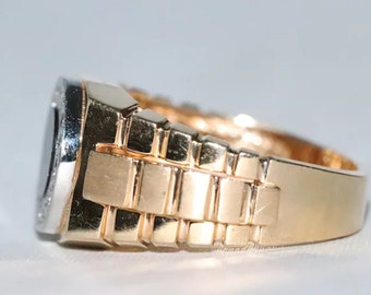 14K Giallo Oro Rolex Stile Diamond Channel Onyx Anello Italia