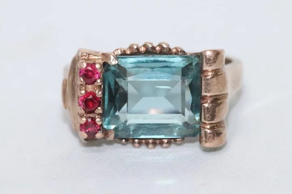 Vintage 14K Rose Gold Ruby Blue Topaz Ring - image 2