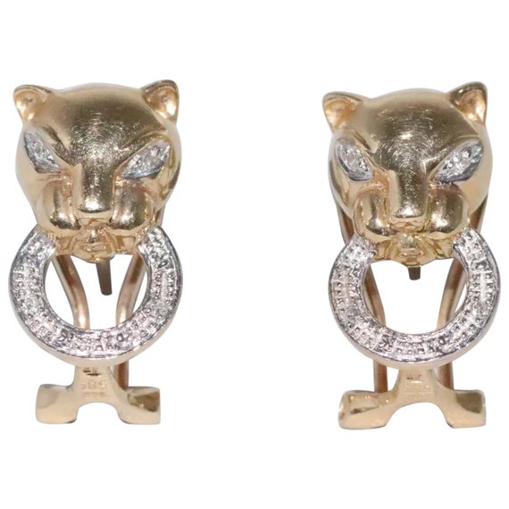 14K Two Toned Diamond Panther Earrings - image 1