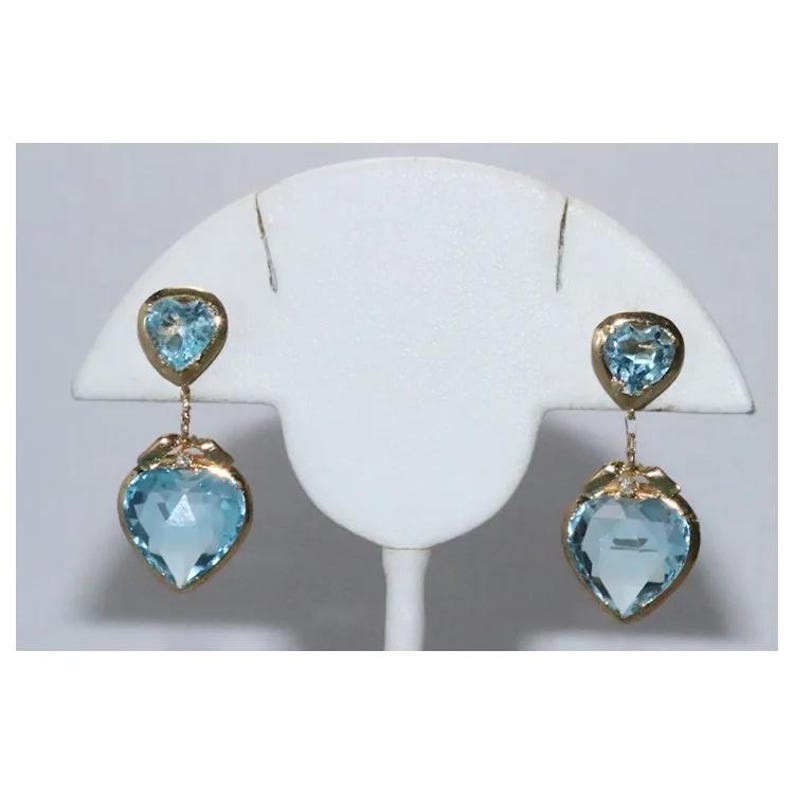 14k Yellow Gold Faceted Blue Topaz Heart Earrings