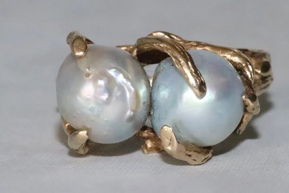 Vintage 14K Yellow Gold Double Baroque Pearl Ring - image 4