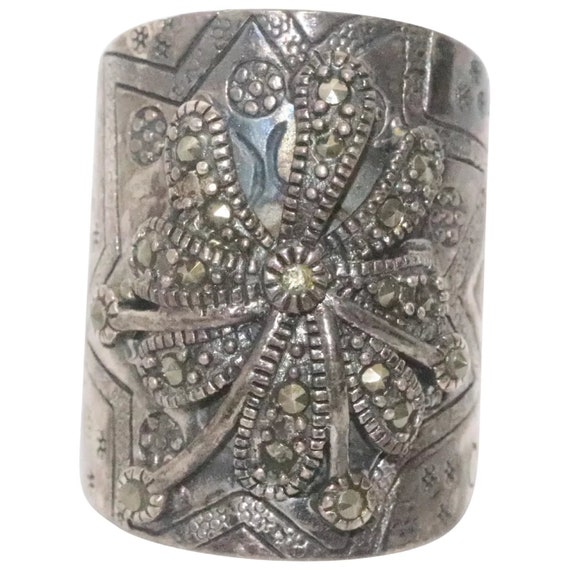 Sterling Silver Marcasite Hand Engraved Ring - image 1