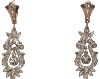 Vintage 14 KT Handmade Russian Rose Gold Diamond Chandelier Earrings