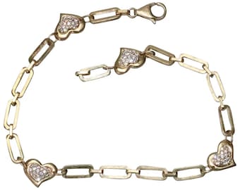 14K Yellow Gold Pave Cubic Zircon Heart Ankle Bracelet