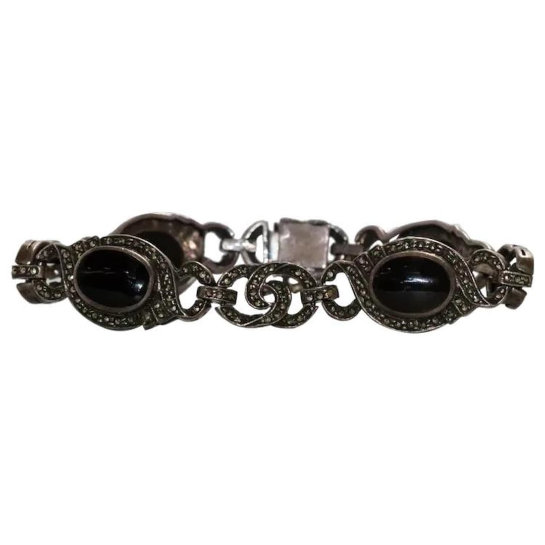 Vintage Sterling Silver Black Onyx Oval Bracelet - Etsy