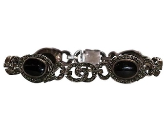 Pulsera ovalada de ónix negro y plata de ley vintage