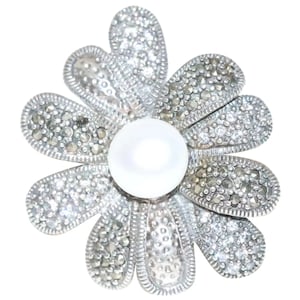 Sterling Silver Floral Marcasite Cubic Zircon Pearl Ring