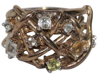 Vintage Gold Overlay Sterling Silver Cubic Zirconia Peridot Citrine Crossover Ring