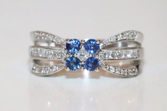 14K White Gold Diamond Floral Sapphire Ring - image 2