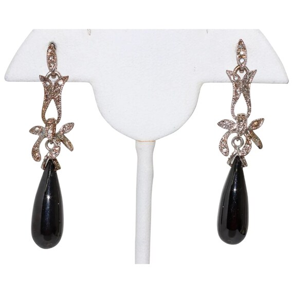 Sterling Silver Black Jade and White Zircon Dangling Earrings