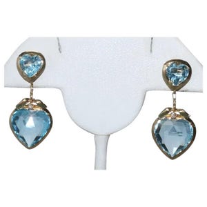14k Yellow Gold Faceted Blue Topaz Heart Earrings image 1