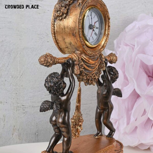 Mantel clock with Little Angels,Stylized Clock in Baroque Style, Artnouveau Clock with Angels, Vintage Home Decor, Gold Clock