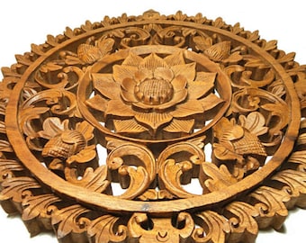 Hand Carved Lotus Flower Wood Wall Decor: Yoga Wall Art