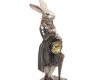 Rabbit Figurine with Clock 13", Alice in Wonderland, Rabbit clock ornament, Pierrot Rabbit, Rabbit statue indoor, Home decor, Clock gift