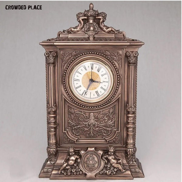 Horloge de cheminée néo-baroque avec Amours, horloge de table en polyrésine + bronze, horloge de bureau stylisée, horloge de cheminée ancienne, style art déco, cadeau