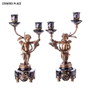 Pair of Bronze Porcelain Candle Holders with Angels, Set of Two Ornate Candlesticks Art Nouveau Style, Angels Art Deco, Luxury Candleholders