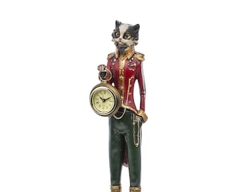 Cat Figurine with Clock 16&quot;, Alice in Wonderland, Cat clock, Cat ornament, Cat decor, Pierrot cat, Cat statue indoor, Home decor, Clock gift