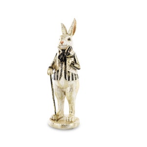 Rabbit Figurine with walking stick, White Rabbit Sculpture, Alice in Wonderland decor, Home decoratuon, Rabbit decor gift