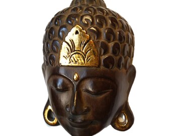 Wooden Wall Mask, Buddha Head, Handmade wood wall hanging, Home decor, sculpture gift, Hand carved brown and gold color buddha head