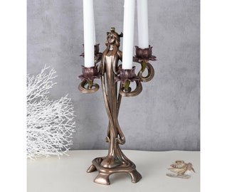 Art Nouveau Style Candleholder,four-armed candlestick with a female figure in Art Nouveau style, Vinatge Style Woman Figure