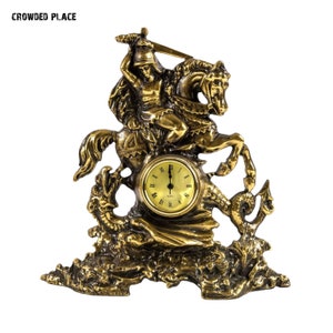 Brass mantel clock with rider on a horse and dragon, Vintage desktop clock, Brass table clock, Retro mantel clock, Art deco style home decor