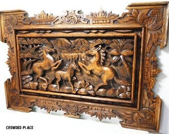 Hand Carved Wood Horse Wall Art: Folk Art Panel (27.5"x18.5")