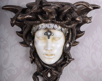 Medusa Sculpture for wall 10&quot;x9&quot;, Medusa wall decor, Greek mythological, Bronze plated decor, Shelf console sculpture, Wall hanging plaque