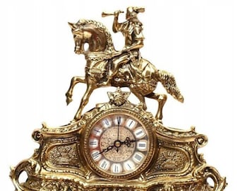 Brass mantel clock with rider on a horse, Brass table clock, Vintage desktop clock, Antique mantel clock, Art deco style, Living room clock