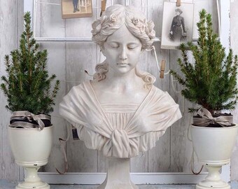Busto de mujer, escultura Art Nouveau de 22 pulgadas, busto de cabeza y hombros de mujer joven, estatua de busto femenino, adorno de hormigón para el hogar de una niña.