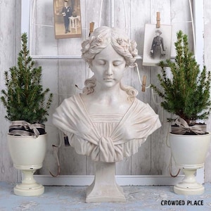 Bust of Woman Art Nouveau sculpture 22&quot;, Bust Head and Shoulders of young woman, Female bust statue, Women girl concrete home ornament