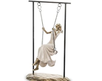 Woman on a swing decorative figurine, Handmade and handpainted romantic sculpture, Home decor, Swinging garden girl, Gold swing figure