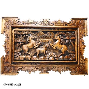 Wood carving horses, Wood wall art, Hand carved wood panel 27"x18", Horse decor, Folk art, Wall hanging horse, Horse lover, Horse figurine
