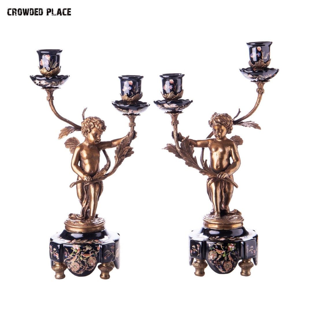 Pair of Bronze Porcelain Candle Holders With Angels, Set of Two Ornate Candlesticks Art Nouveau