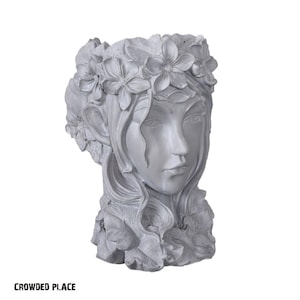 Graden statue planter pot 13&quot;, Female head statue, Head flower pot, Concrete flower planter for home, Garden roman decoration, Vase statue
