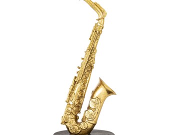 Gouden saxofoonfiguurtje, jazzdecoratie, miniatuur messing muziek, cadeau voor muzikant, plankdecoratie