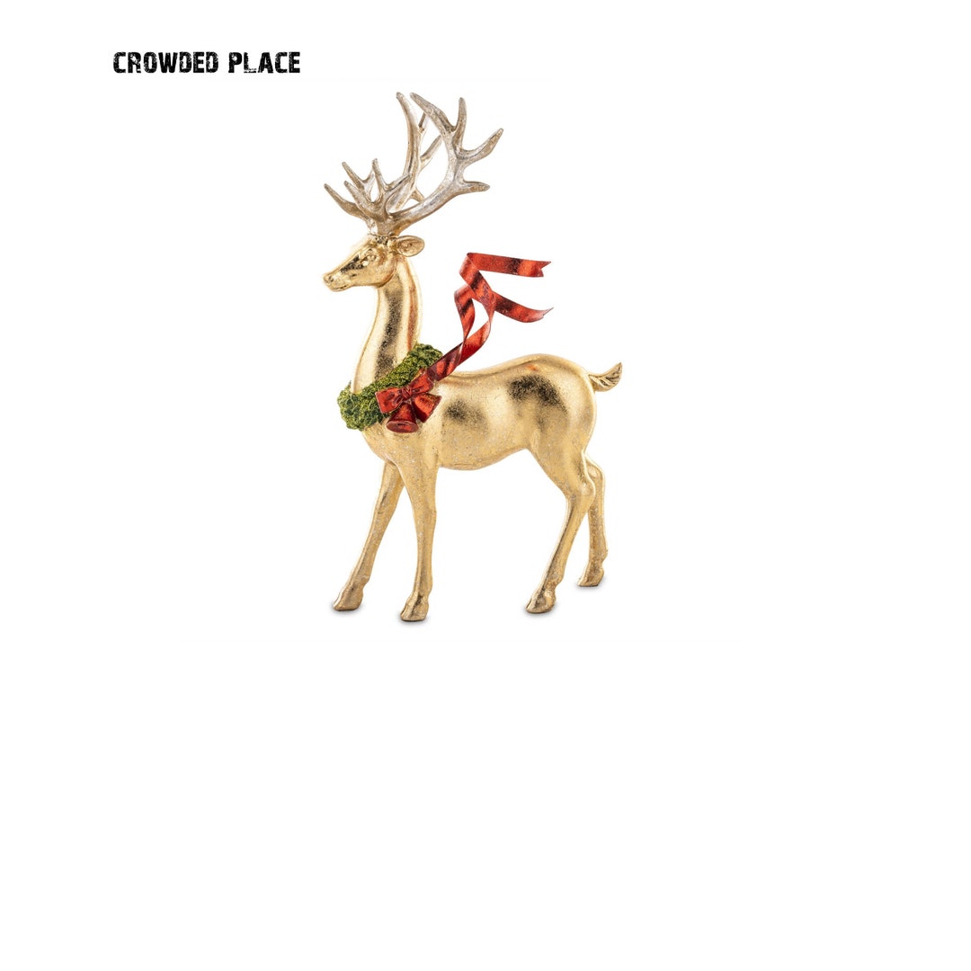 Golden Deer With Red Ribbon, Gold Deer Sculpture, Standing Deer, Deer Deco, Decoration Stag