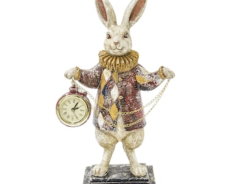 White Rabbit Clock Figurine, Alice in Wonderland Decor, Vintage Resin Sculpture