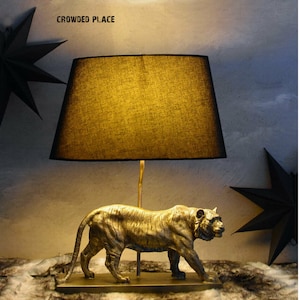 Lamp with a golden tiger in a glamor style, Exclusive table lamp, An unusual lamp with a black shade and a golden tiger, Animal  lamp