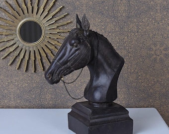 Rustiek paardenhoofd bustebeeld: paardensportdecoratie, patina afwerking