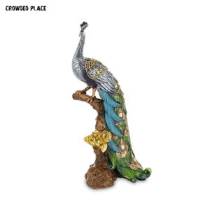 Elegant Peacock Figurine, Hand-Painted Decorative Sculpture, Green and Blue Bird Ornament, Unique Home Accent for Living Room
